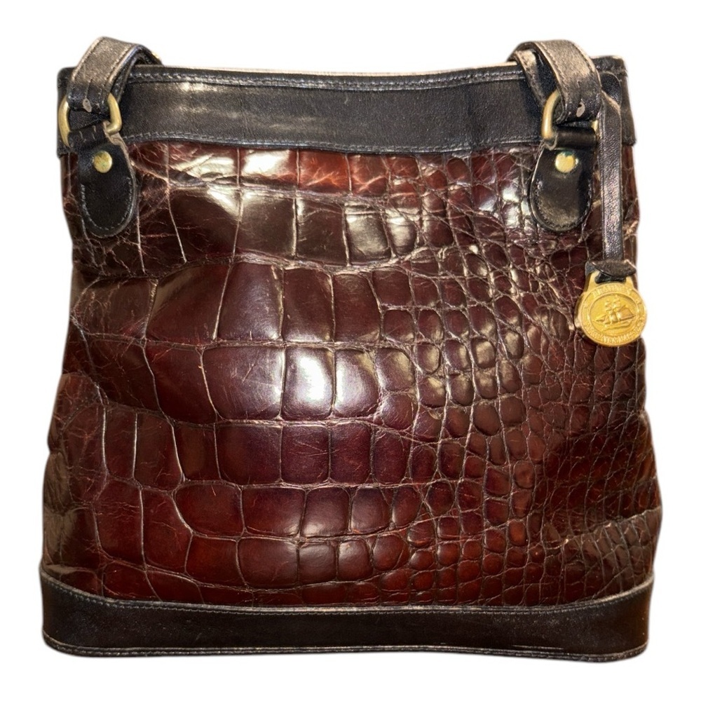 Brahmin Leather & Croc Embossed Black & Brown shoulder bag w/gold hardware B 21